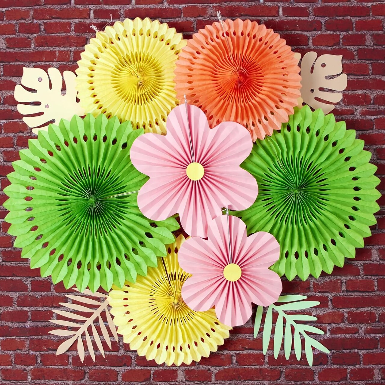 Paper Flowers Pink and Green Party Decorations Hanging Fans Spring Summer Decor for Wall Wedding Backdrop Bridal Shower Birthday - 9Pcs